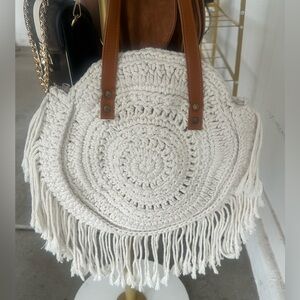 Handcrafted Cream Crochet Bag with Brown Straps